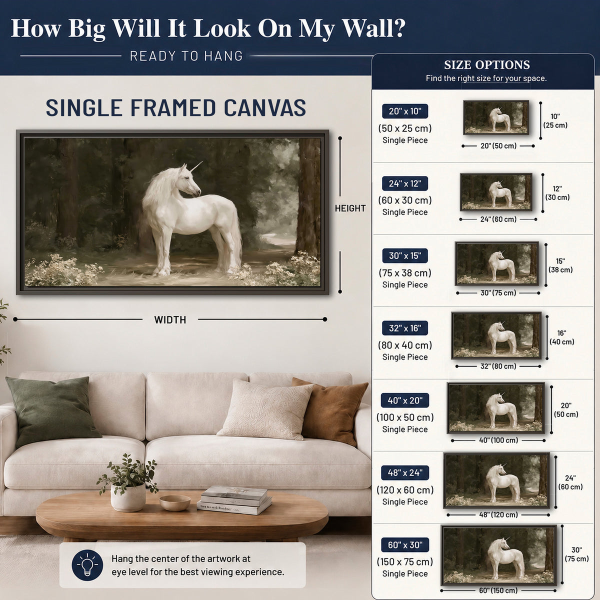A white unicorn standing in a shadowed forest clearing among dark tree trunks single framed canvas wall art size guide above a sofa; room view is illustrative