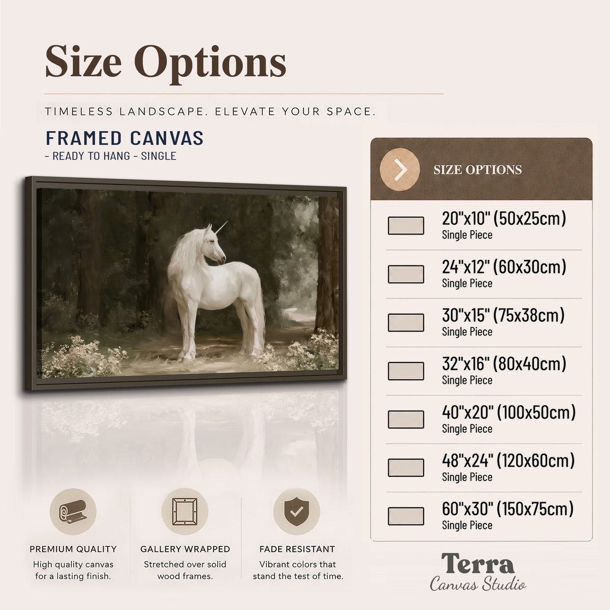 A white unicorn standing in a shadowed forest clearing among dark tree trunks single framed canvas wall art available dimensions