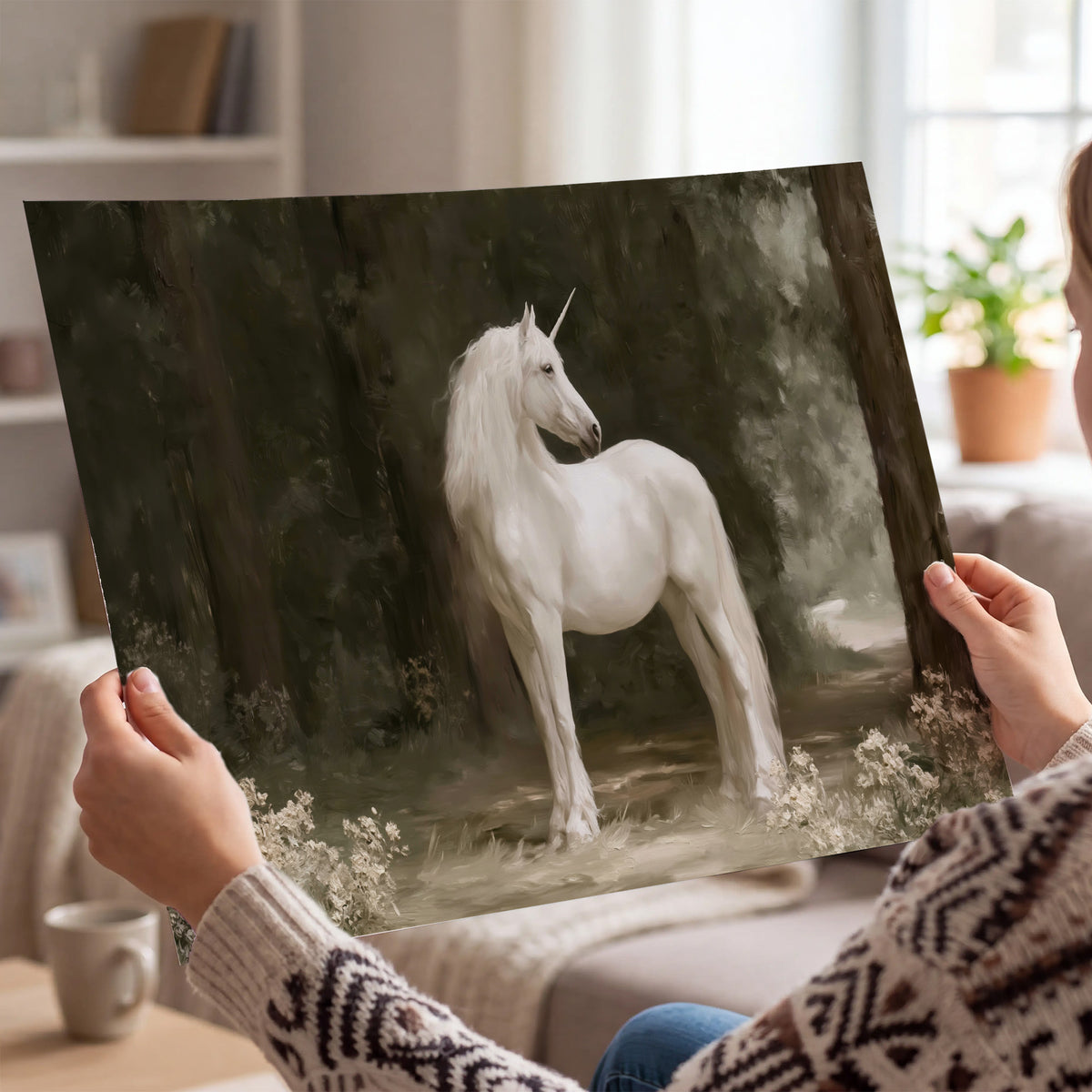 A white unicorn standing in a shadowed forest clearing among dark tree trunks single poster print held in hands