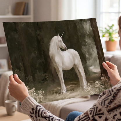 A white unicorn standing in a shadowed forest clearing among dark tree trunks single poster print held in hands