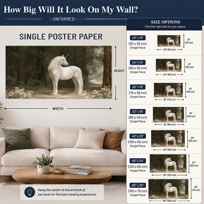 A white unicorn standing in a shadowed forest clearing among dark tree trunks single poster print size guide above a sofa; room view is illustrative