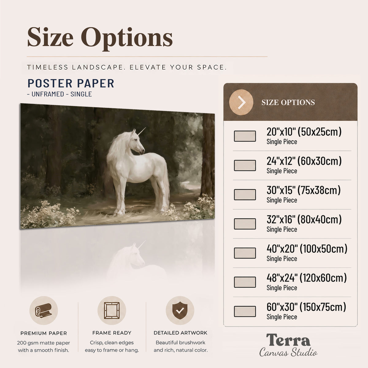 A white unicorn standing in a shadowed forest clearing among dark tree trunks single poster print available dimensions