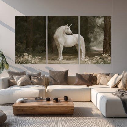A white unicorn standing in a shadowed forest clearing among dark tree trunks set of 3 poster prints displayed in a living room