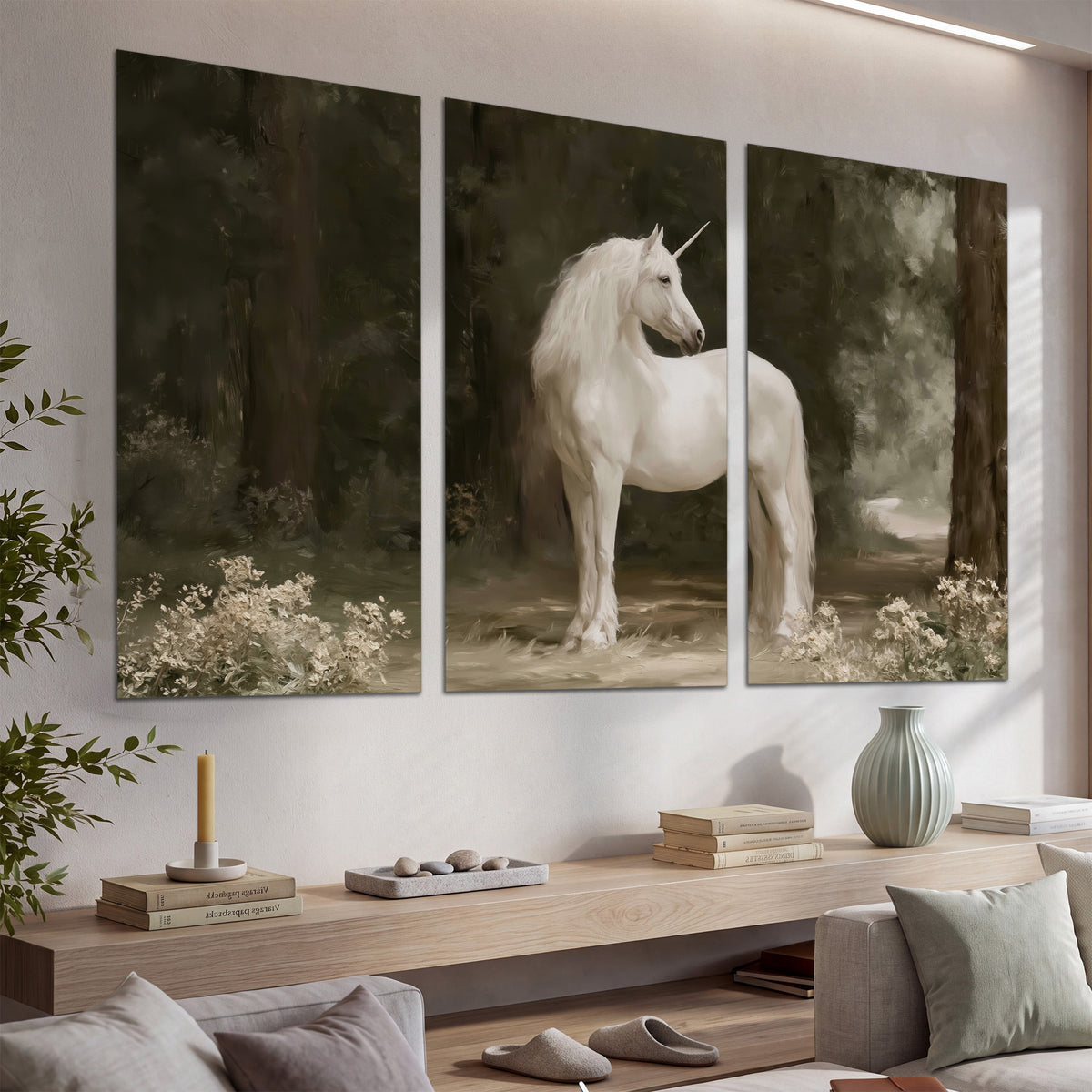 A white unicorn standing in a shadowed forest clearing among dark tree trunks set of 3 poster prints displayed in a console