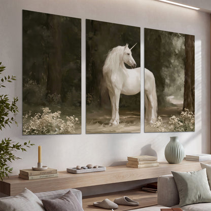 A white unicorn standing in a shadowed forest clearing among dark tree trunks set of 3 poster prints displayed in a console