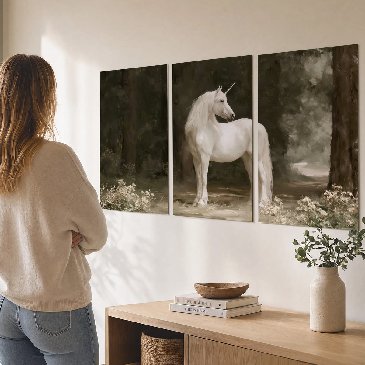A white unicorn standing in a shadowed forest clearing among dark tree trunks set of 3 poster prints three panel arrangement on a wall