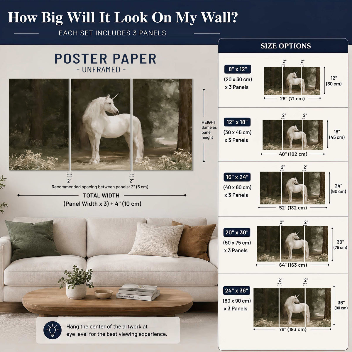 A white unicorn standing in a shadowed forest clearing among dark tree trunks set of 3 poster prints size guide above a sofa; room view is illustrative