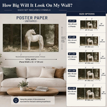 A white unicorn standing in a shadowed forest clearing among dark tree trunks set of 3 poster prints size guide above a sofa; room view is illustrative