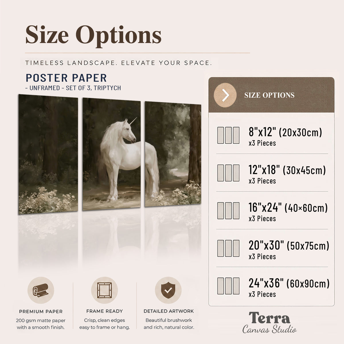 A white unicorn standing in a shadowed forest clearing among dark tree trunks set of 3 poster prints available dimensions; triptych dimensions are per panel