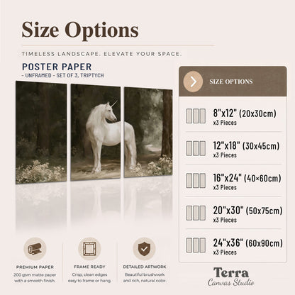 A white unicorn standing in a shadowed forest clearing among dark tree trunks set of 3 poster prints available dimensions; triptych dimensions are per panel