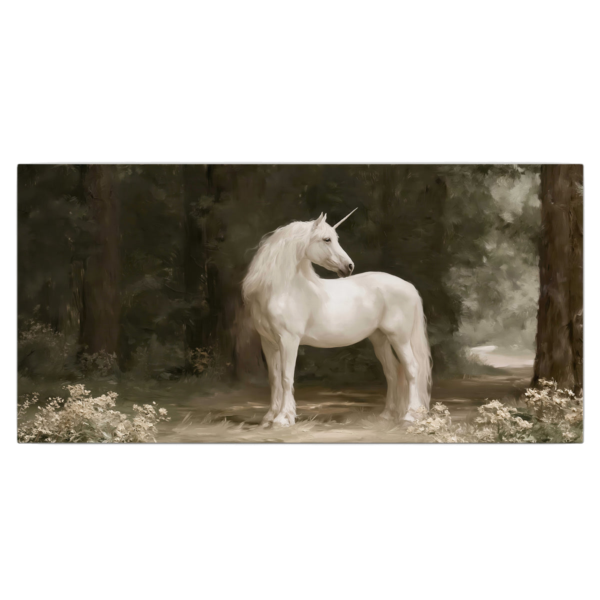 A white unicorn standing in a shadowed forest clearing among dark tree trunks single canvas wall art viewed straight on