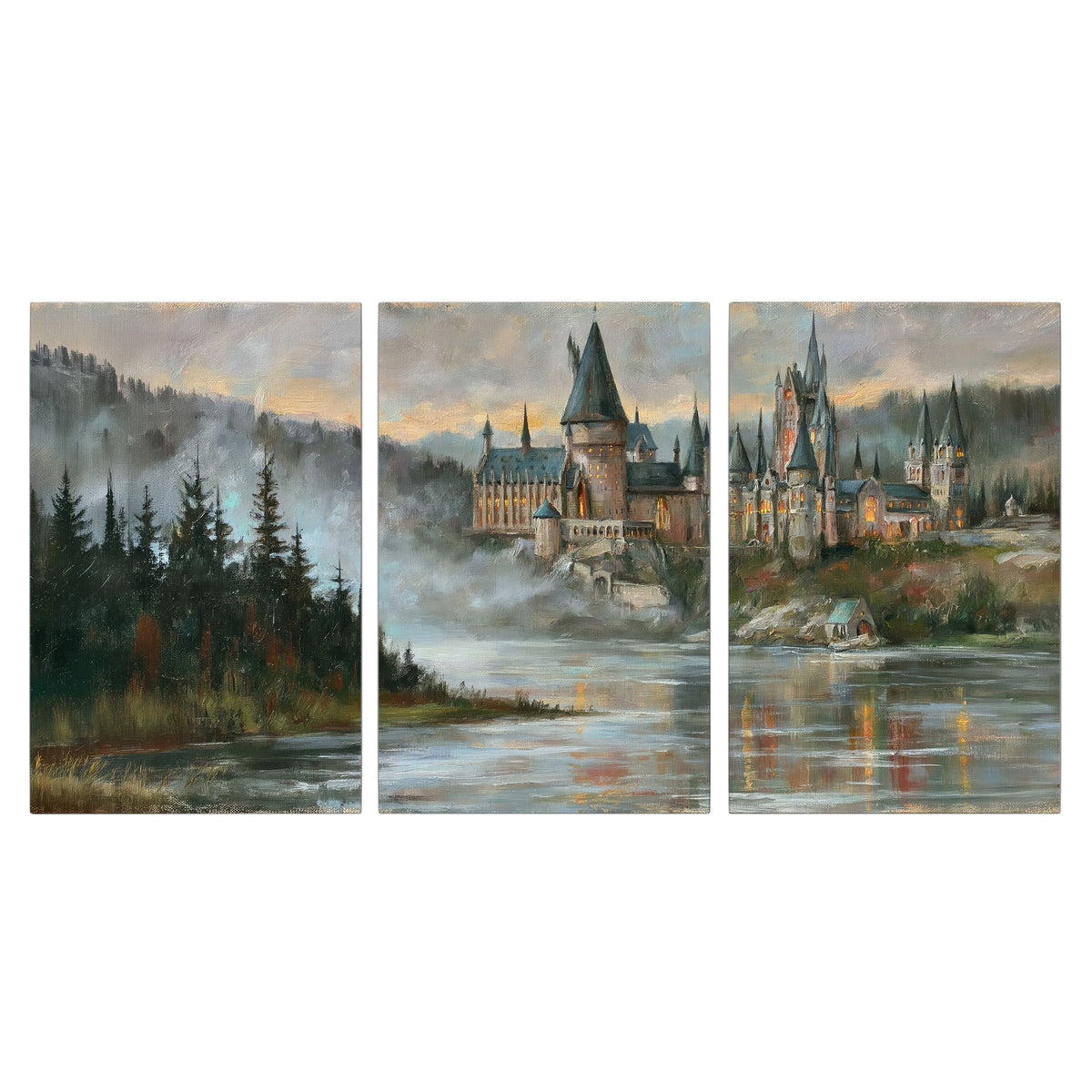 A storybook castle on a wooded riverbank beneath a cool misty sky 3 piece canvas wall art viewed straight on
