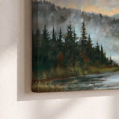 A storybook castle on a wooded riverbank beneath a cool misty sky 3 piece canvas wall art material and edge close up