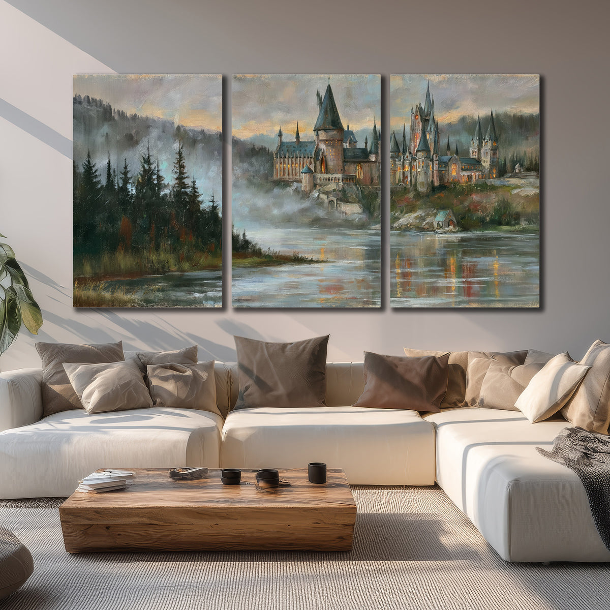 A storybook castle on a wooded riverbank beneath a cool misty sky 3 piece canvas wall art displayed in a living room