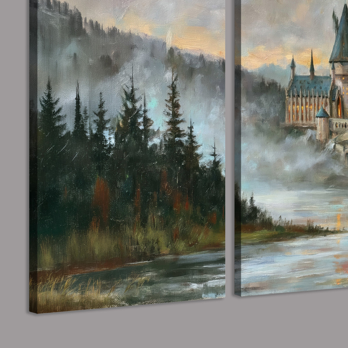 A storybook castle on a wooded riverbank beneath a cool misty sky 3 piece canvas wall art room and product view