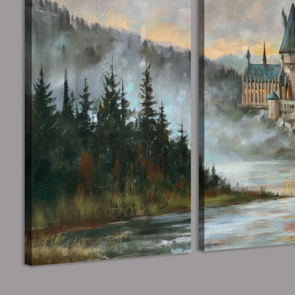 A storybook castle on a wooded riverbank beneath a cool misty sky 3 piece canvas wall art room and product view