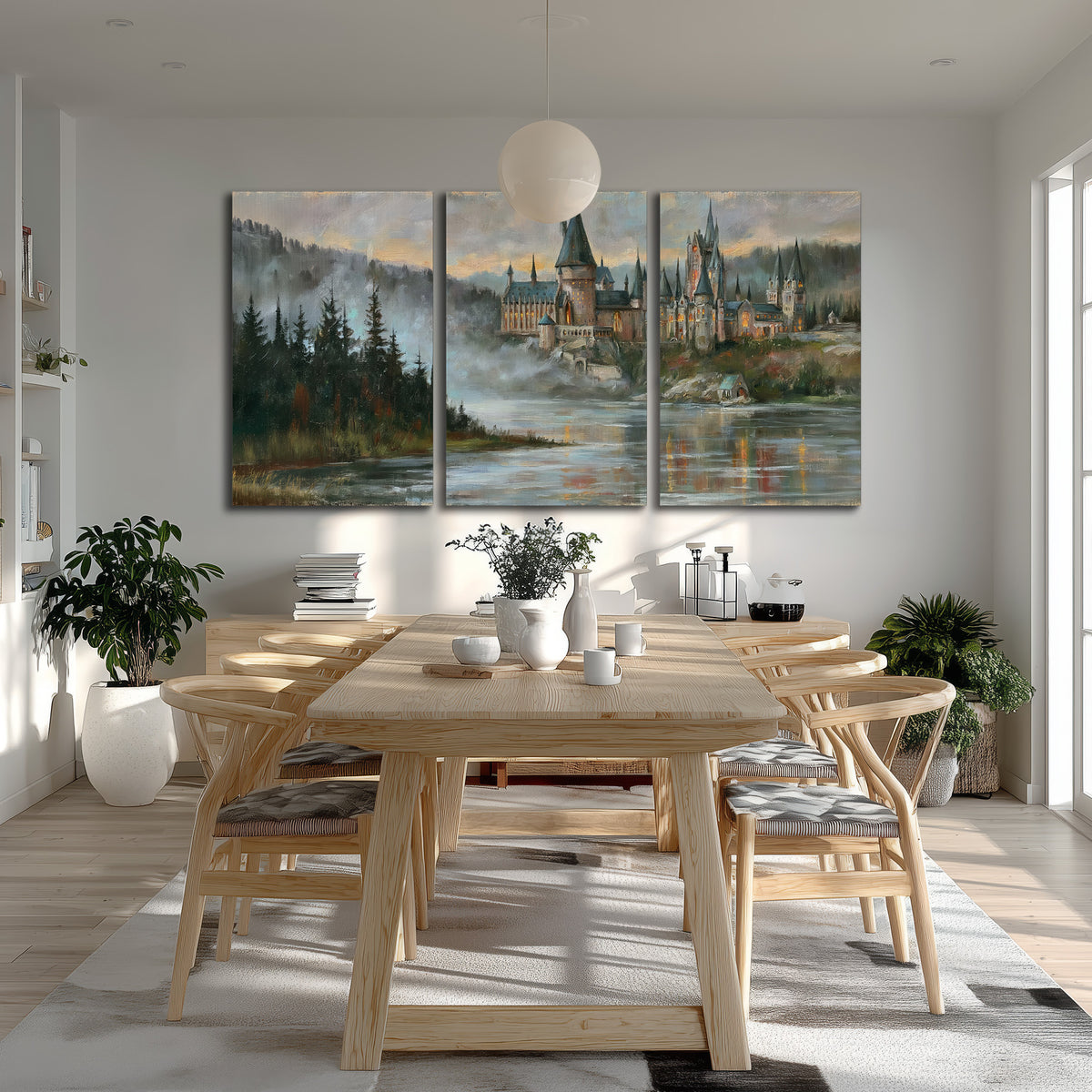 A storybook castle on a wooded riverbank beneath a cool misty sky 3 piece canvas wall art room and product view