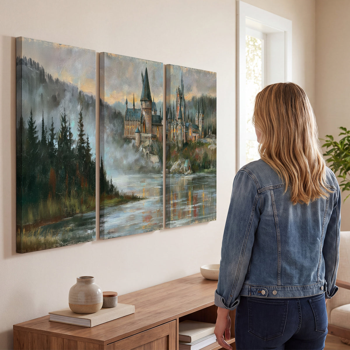 A storybook castle on a wooded riverbank beneath a cool misty sky 3 piece canvas wall art three panel arrangement on a wall