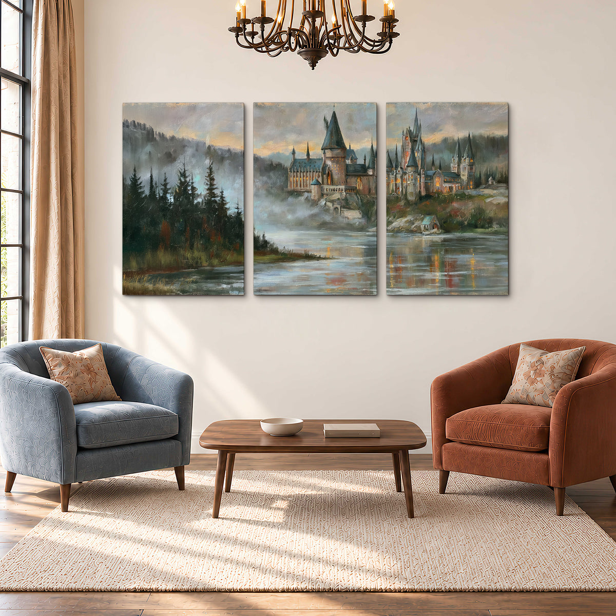 A storybook castle on a wooded riverbank beneath a cool misty sky 3 piece canvas wall art styled in an interior
