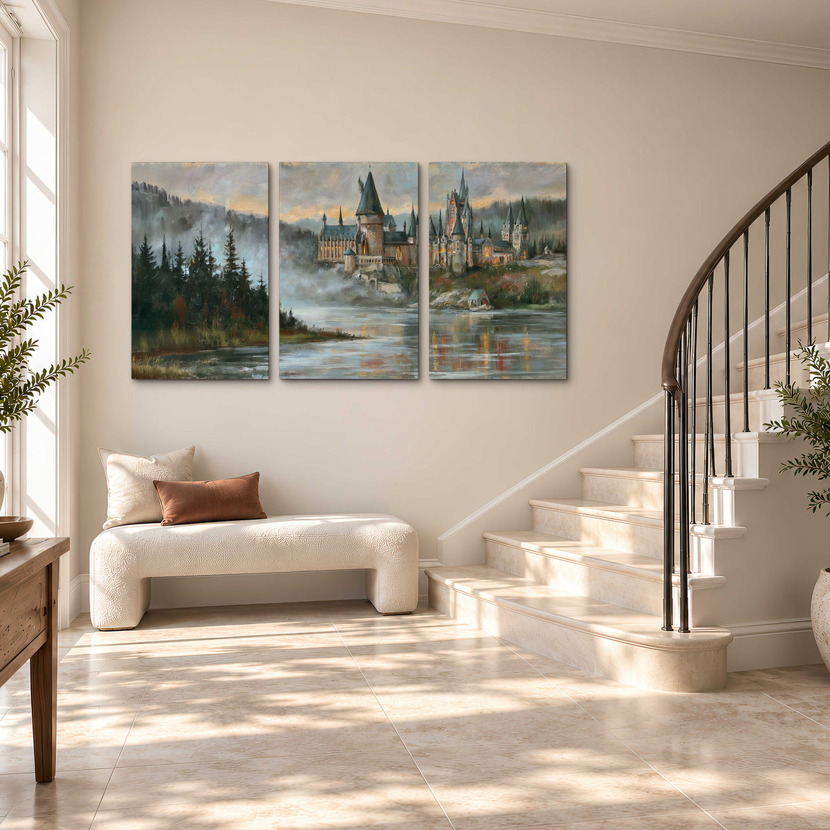 A storybook castle on a wooded riverbank beneath a cool misty sky 3 piece canvas wall art styled in an interior