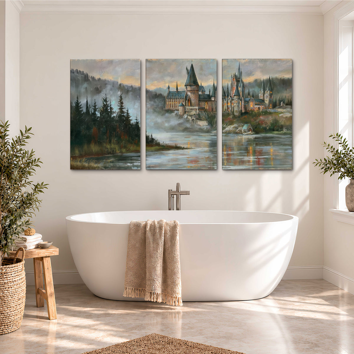 A storybook castle on a wooded riverbank beneath a cool misty sky 3 piece canvas wall art styled in an interior