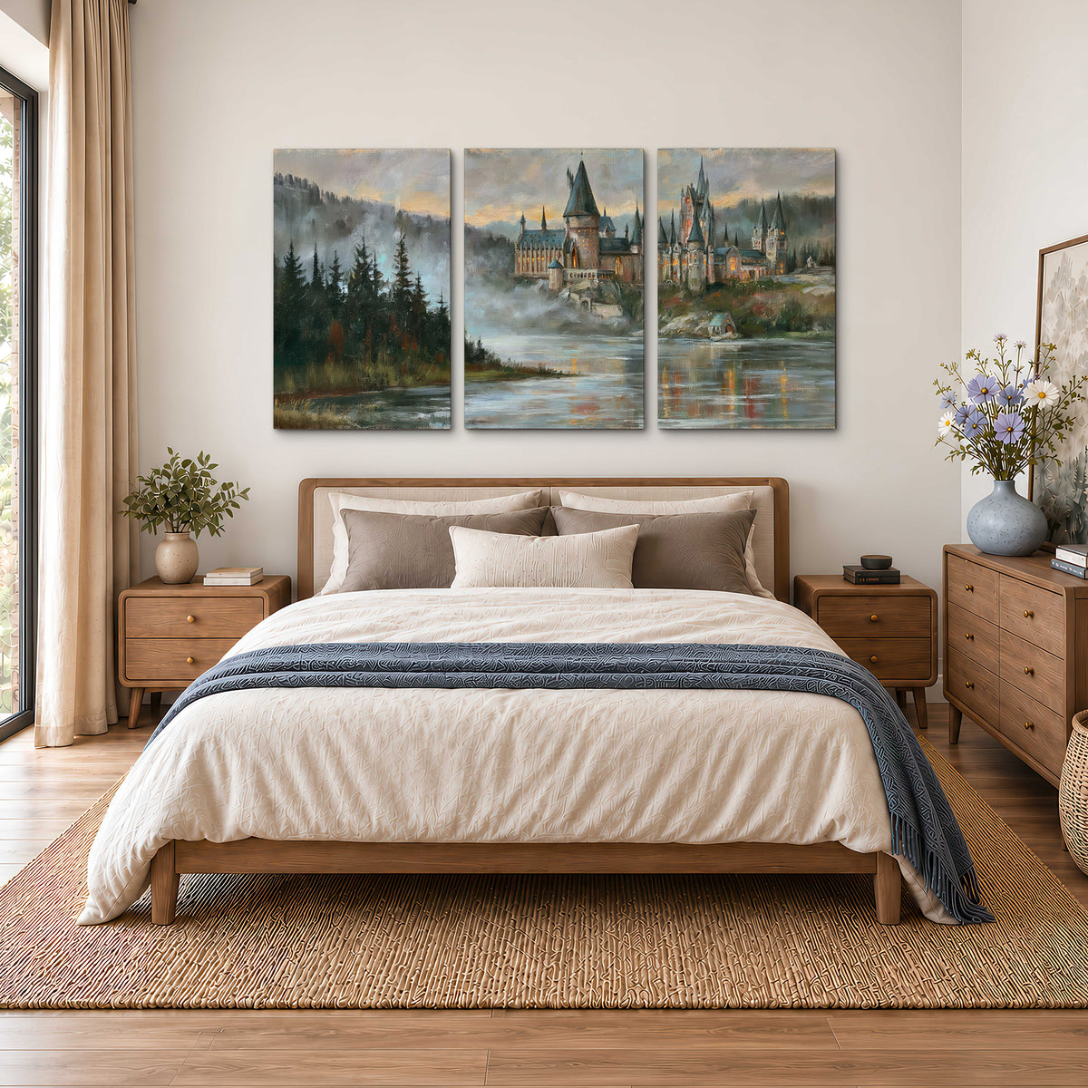 A storybook castle on a wooded riverbank beneath a cool misty sky 3 piece canvas wall art styled in an interior