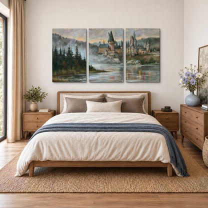A storybook castle on a wooded riverbank beneath a cool misty sky 3 piece canvas wall art styled in an interior