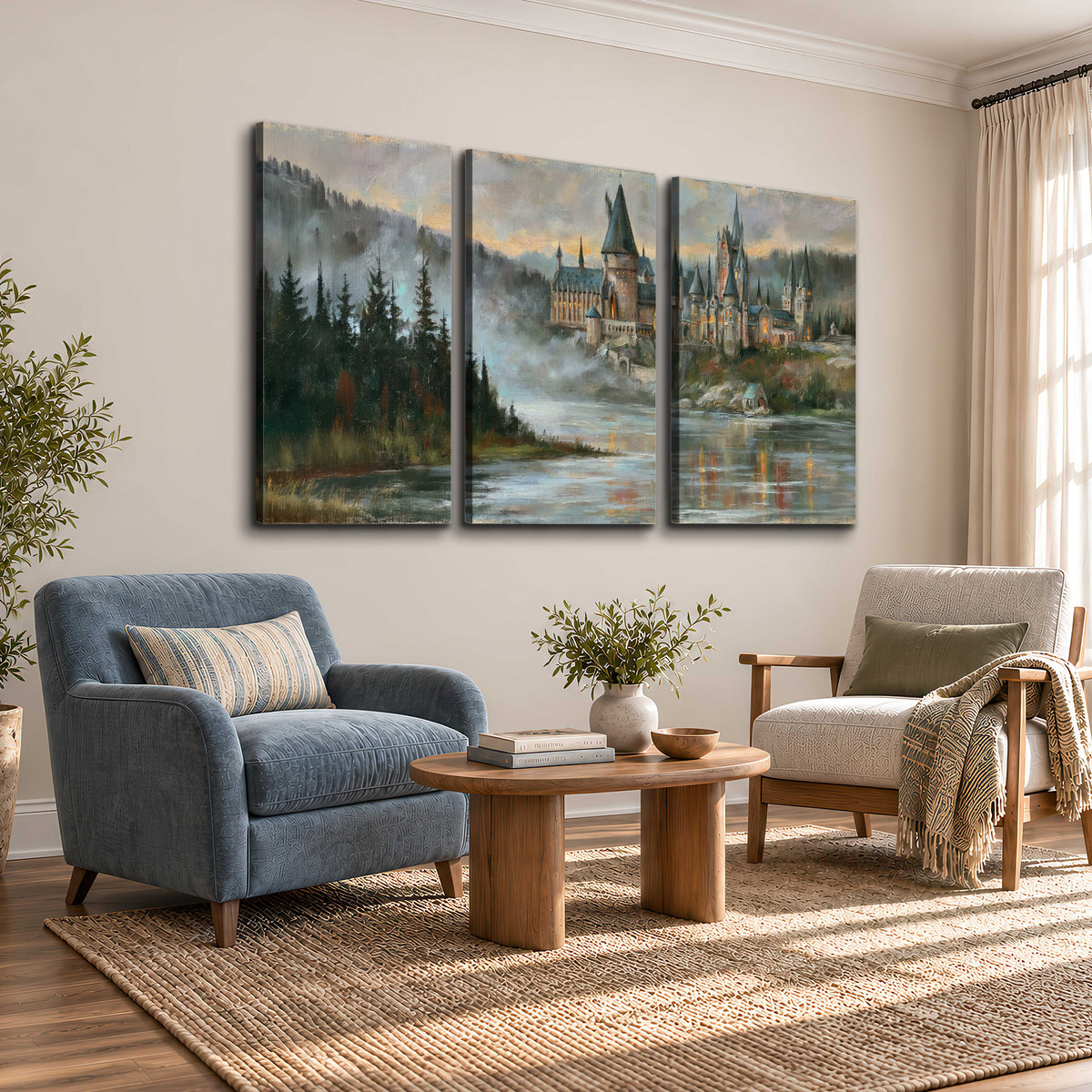 A storybook castle on a wooded riverbank beneath a cool misty sky 3 piece canvas wall art styled in an interior
