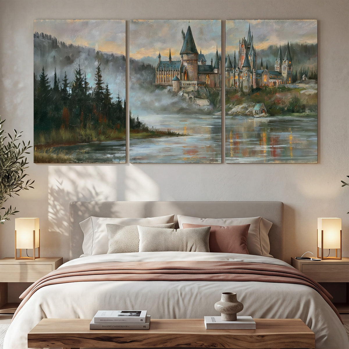 A storybook castle on a wooded riverbank beneath a cool misty sky 3 piece canvas wall art displayed in a bedroom