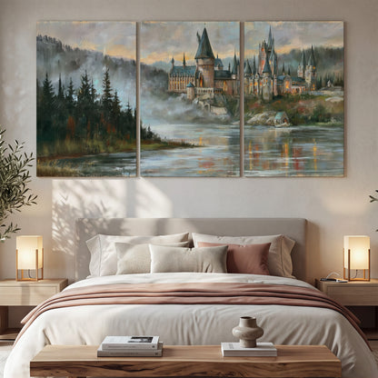 A storybook castle on a wooded riverbank beneath a cool misty sky 3 piece canvas wall art displayed in a bedroom
