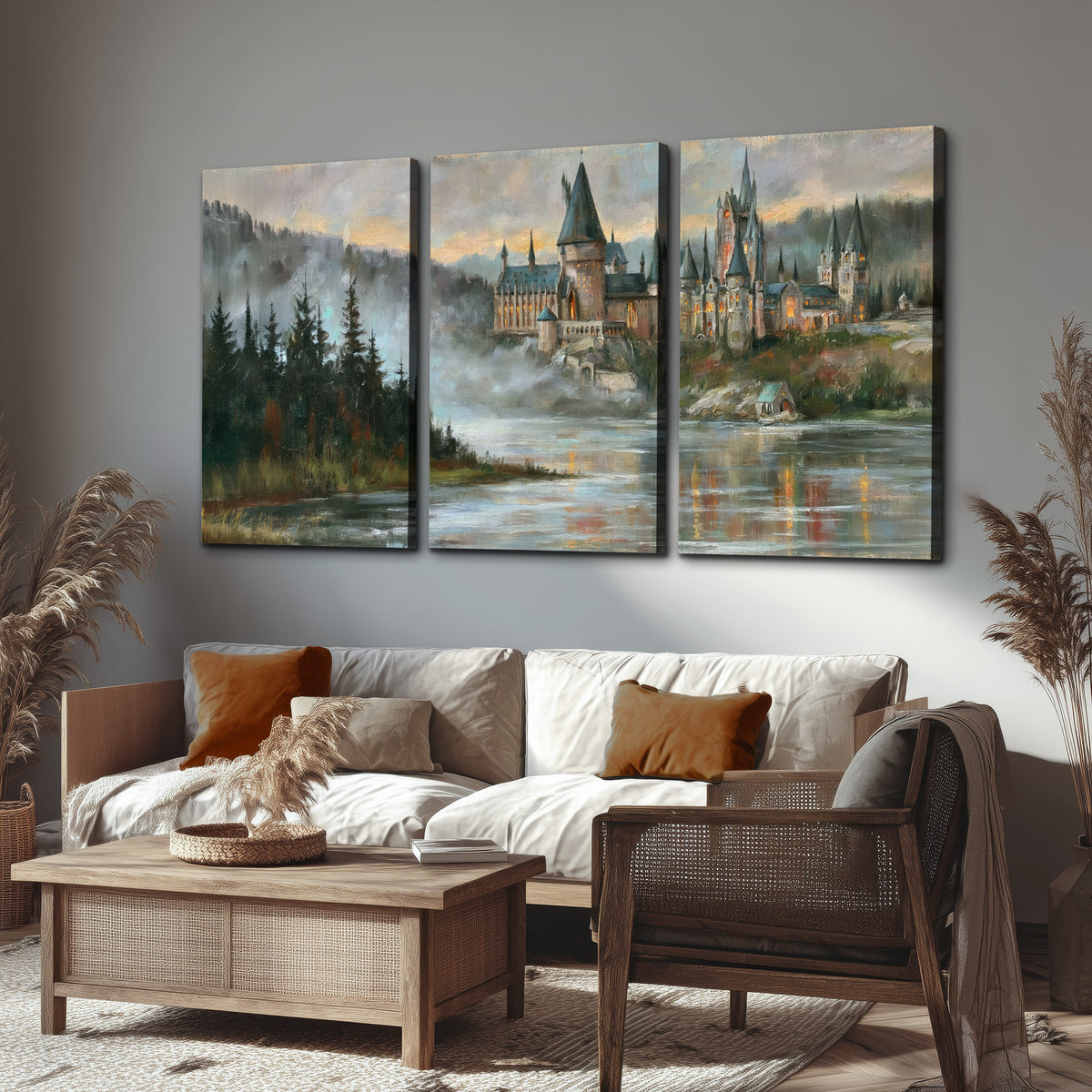 A storybook castle on a wooded riverbank beneath a cool misty sky 3 piece canvas wall art displayed in a rustic living room