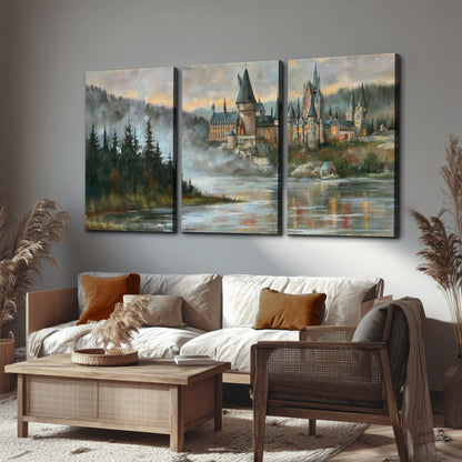 A storybook castle on a wooded riverbank beneath a cool misty sky 3 piece canvas wall art displayed in a rustic living room
