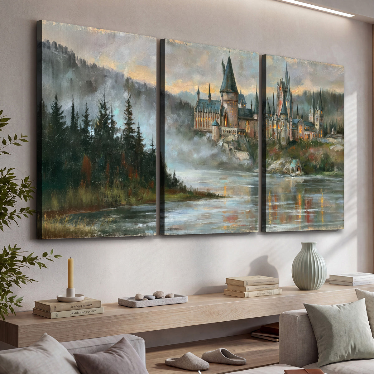 A storybook castle on a wooded riverbank beneath a cool misty sky 3 piece canvas wall art displayed in a console