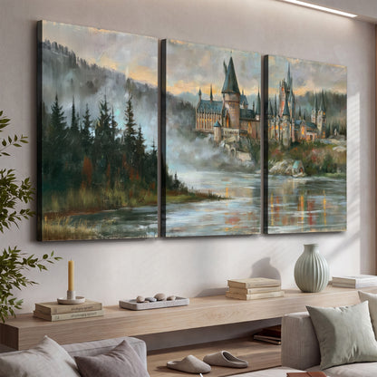 A storybook castle on a wooded riverbank beneath a cool misty sky 3 piece canvas wall art displayed in a console