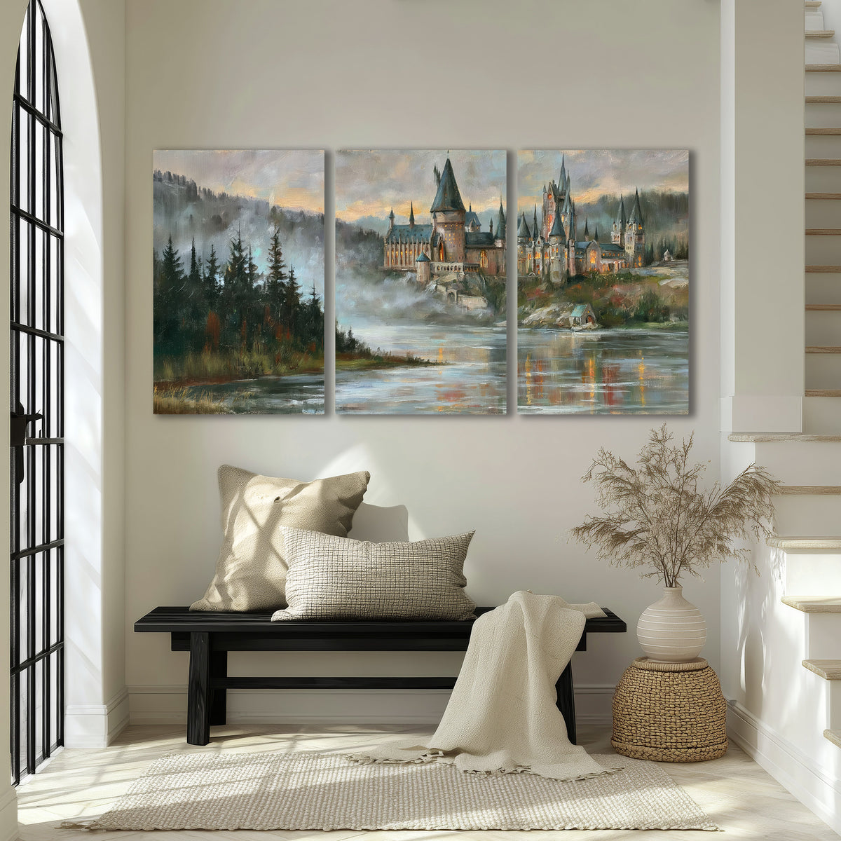 A storybook castle on a wooded riverbank beneath a cool misty sky 3 piece canvas wall art displayed in a entryway