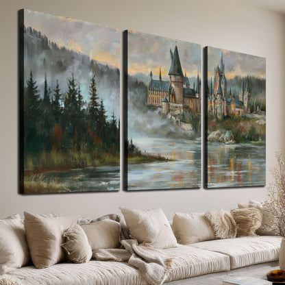 A storybook castle on a wooded riverbank beneath a cool misty sky 3 piece canvas wall art room and product view