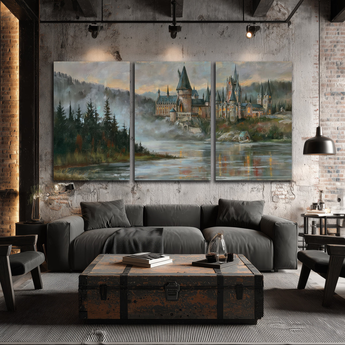 A storybook castle on a wooded riverbank beneath a cool misty sky 3 piece canvas wall art displayed in a industrial room
