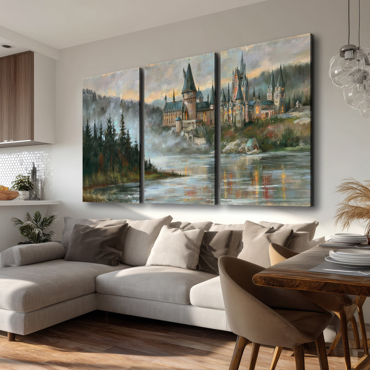 A storybook castle on a wooded riverbank beneath a cool misty sky 3 piece canvas wall art room and product view
