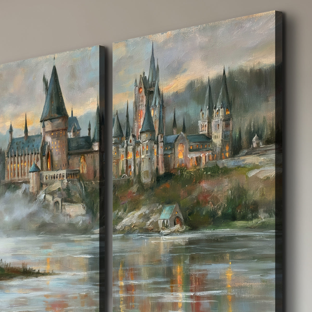 A storybook castle on a wooded riverbank beneath a cool misty sky 3 piece canvas wall art room and product view
