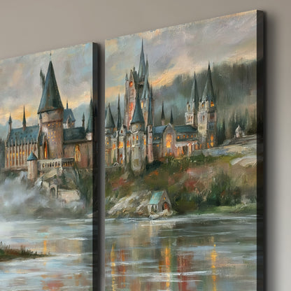 A storybook castle on a wooded riverbank beneath a cool misty sky 3 piece canvas wall art room and product view
