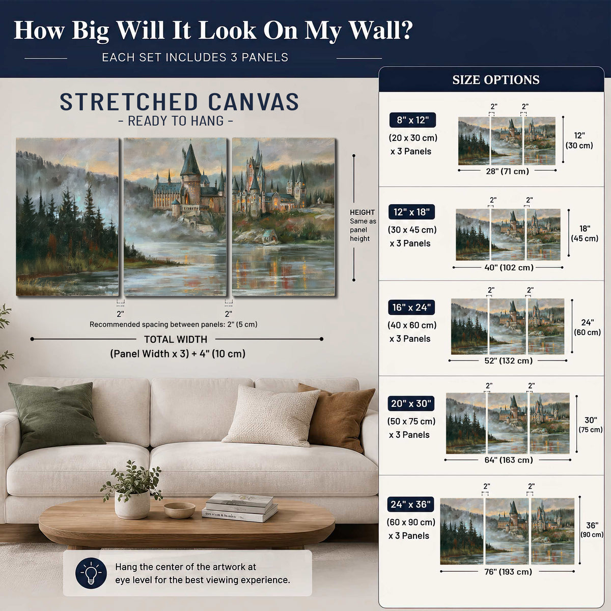 A storybook castle on a wooded riverbank beneath a cool misty sky 3 piece canvas wall art size guide above a sofa; room view is illustrative
