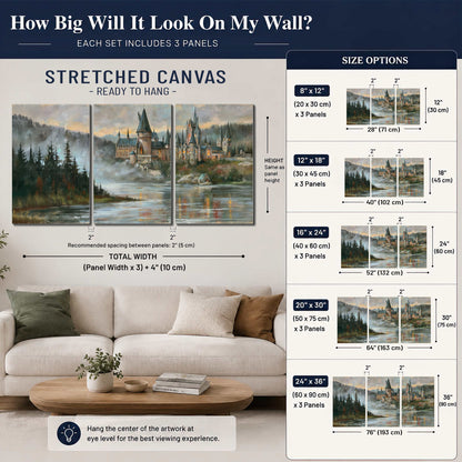 A storybook castle on a wooded riverbank beneath a cool misty sky 3 piece canvas wall art size guide above a sofa; room view is illustrative