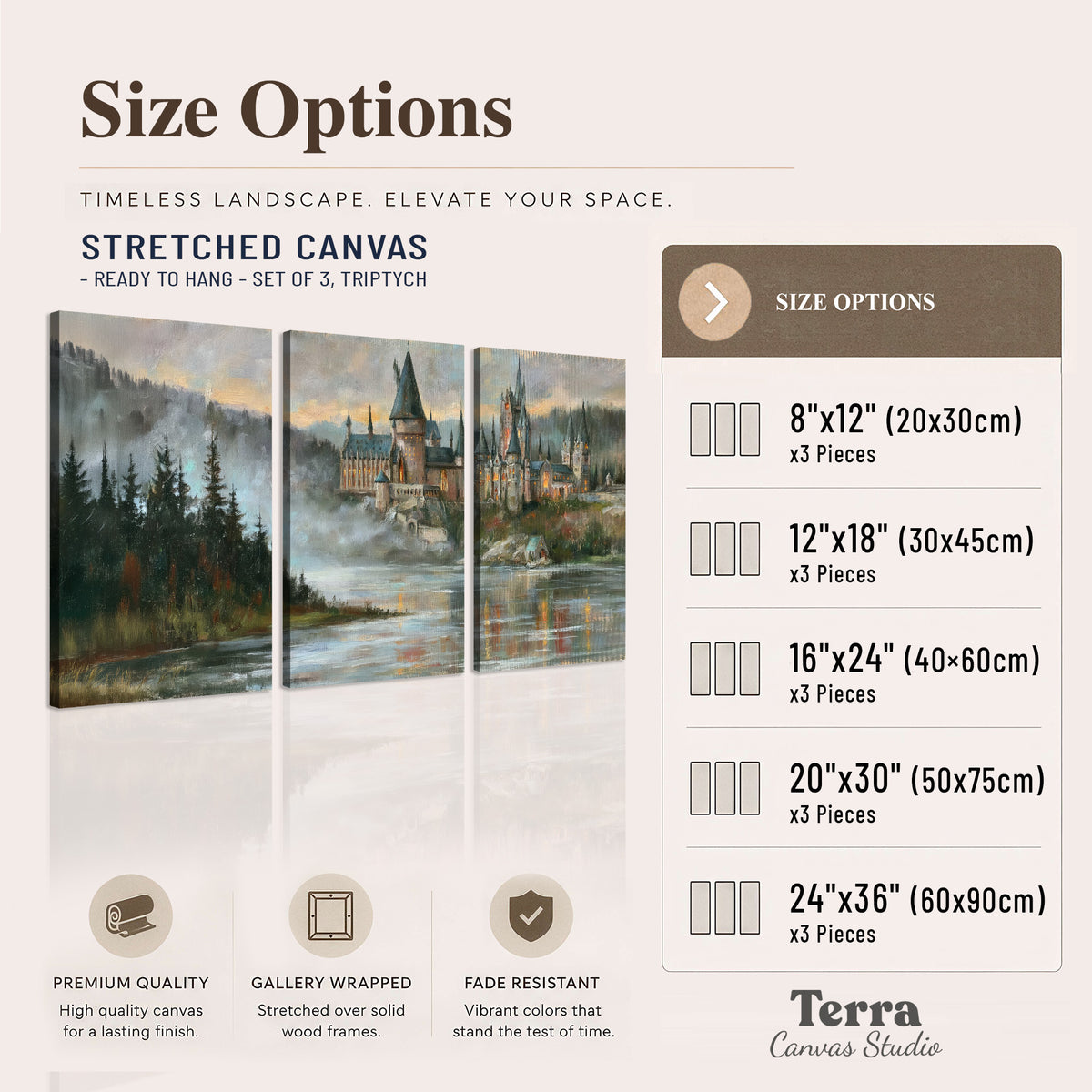 A storybook castle on a wooded riverbank beneath a cool misty sky 3 piece canvas wall art available dimensions; triptych dimensions are per panel