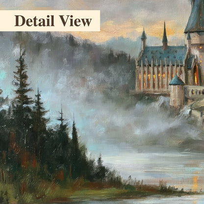 A storybook castle on a wooded riverbank beneath a cool misty sky 3 piece canvas wall art artwork detail close up