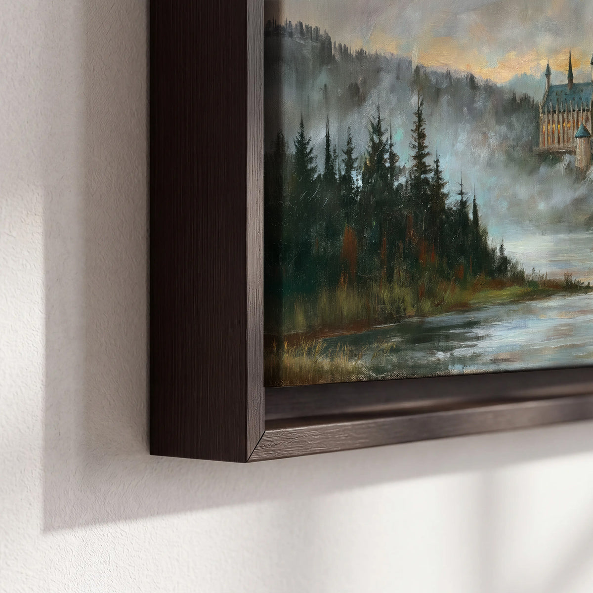 A storybook castle on a wooded riverbank beneath a cool misty sky 3 piece framed canvas wall art material and edge close up