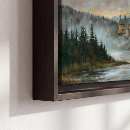 A storybook castle on a wooded riverbank beneath a cool misty sky 3 piece framed canvas wall art material and edge close up