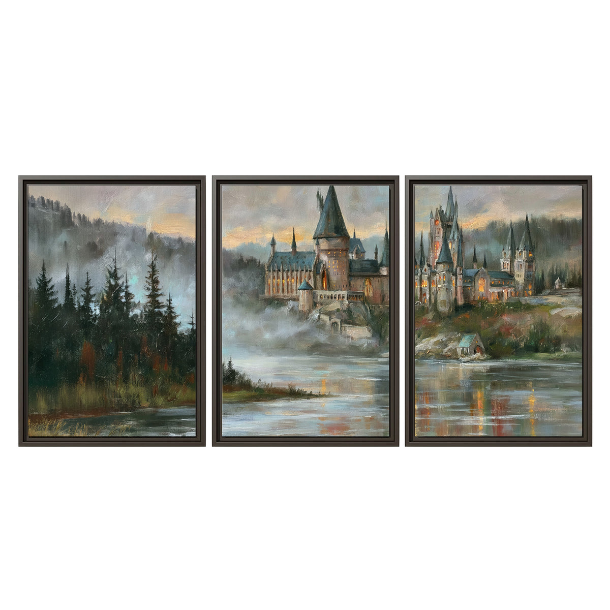 A storybook castle on a wooded riverbank beneath a cool misty sky 3 piece framed canvas wall art viewed straight on