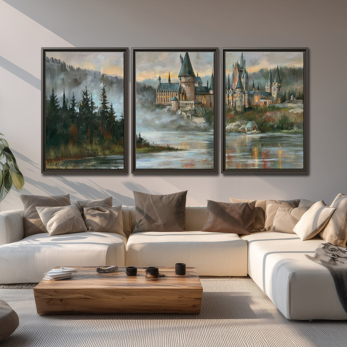 A storybook castle on a wooded riverbank beneath a cool misty sky 3 piece framed canvas wall art displayed in a living room