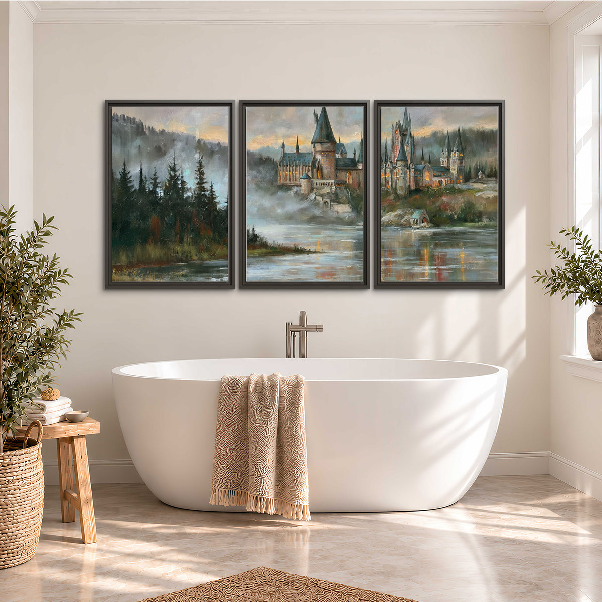 A storybook castle on a wooded riverbank beneath a cool misty sky 3 piece framed canvas wall art styled in an interior