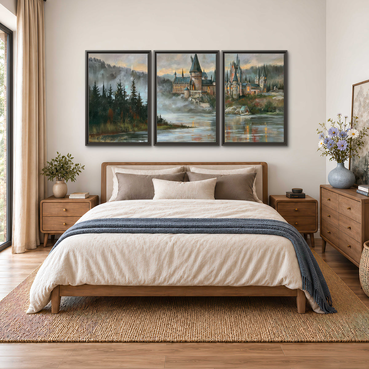 A storybook castle on a wooded riverbank beneath a cool misty sky 3 piece framed canvas wall art styled in an interior